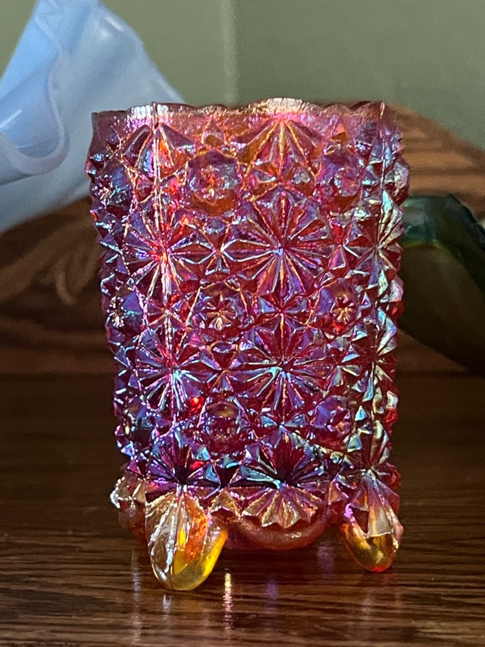 Vintage Ruby Red Carnival Glass Toothpick Holder Daisy & Button Footed